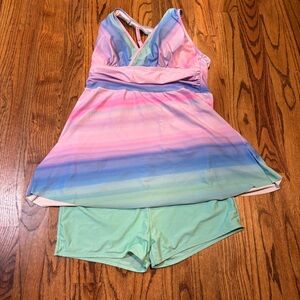 Pastel Striped Women's Swim Dress with boy‎ shorts size 2XL